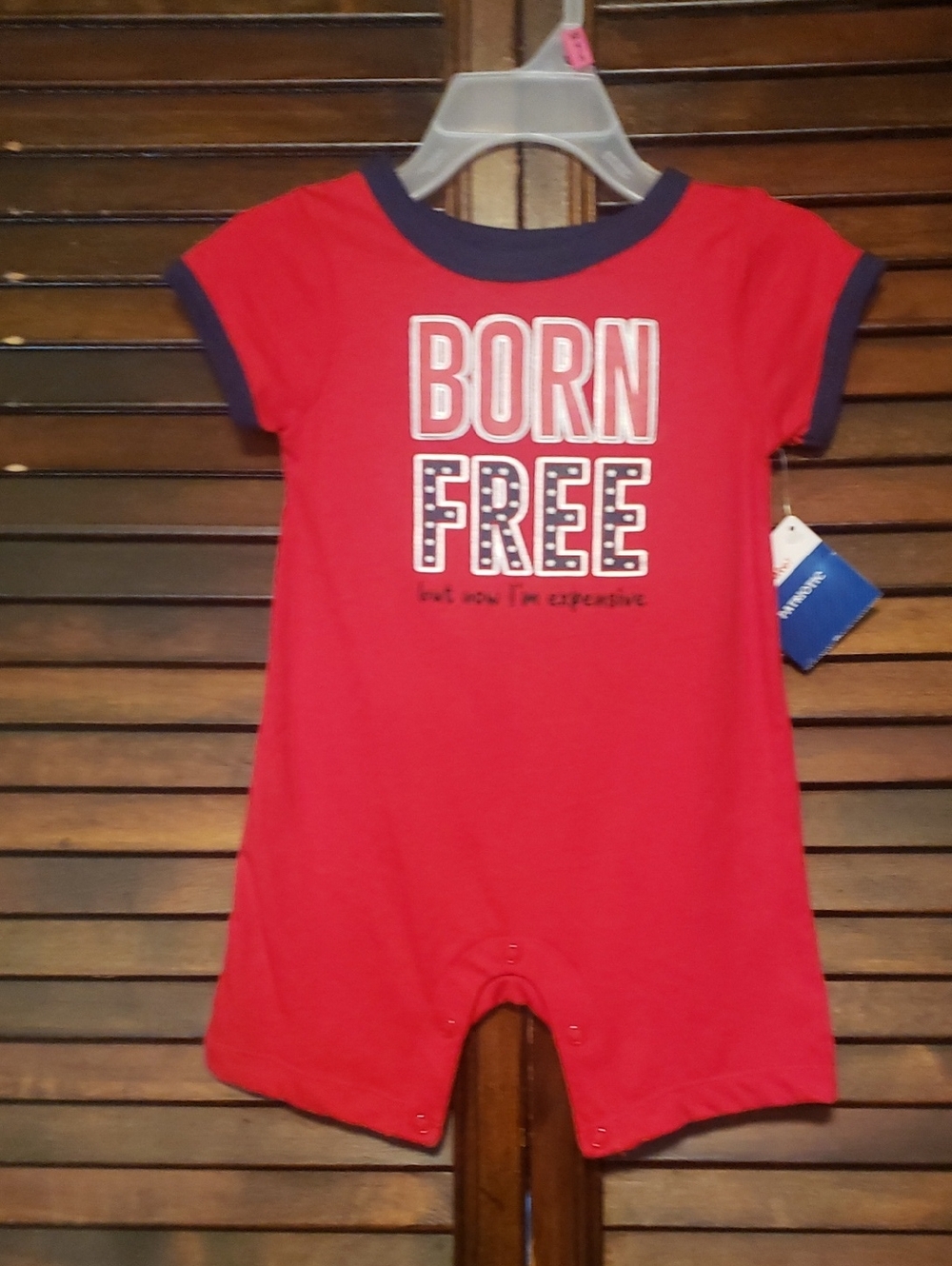 🛍 Red 'BORN FREE' Baby Romper with Navy Trim 9 Months
